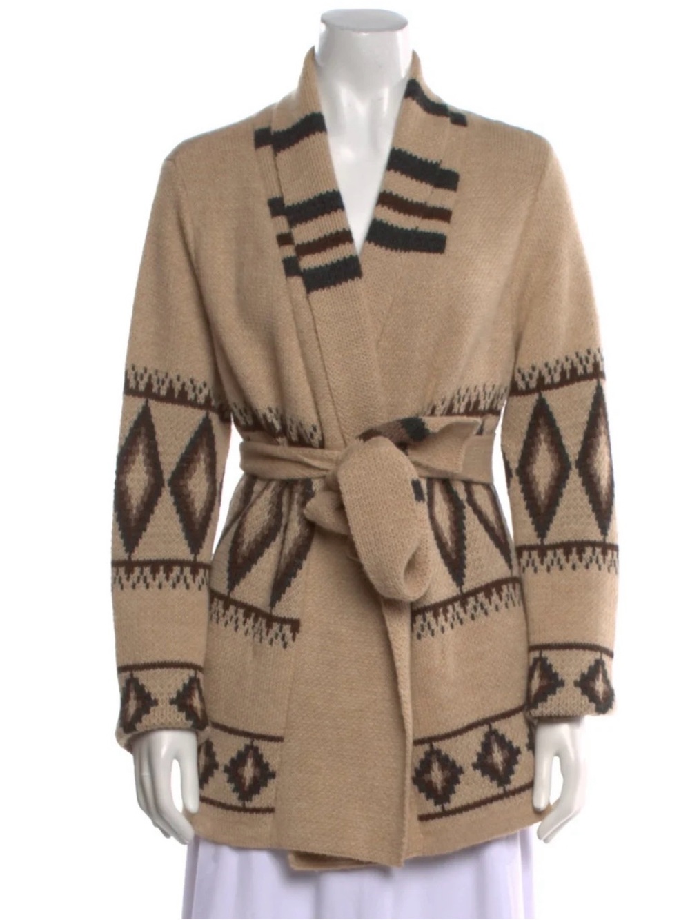 Overland Beige Aztec-Border Wrap Cardigan Sweater with Belt